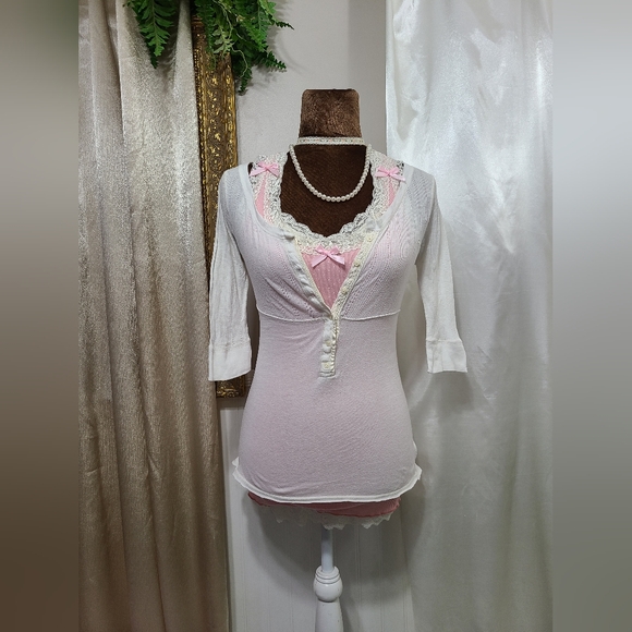 ♡ Y2K ♡ Abercrombie White Pointelle Empire Waist Moose Logo Babydoll Henley
